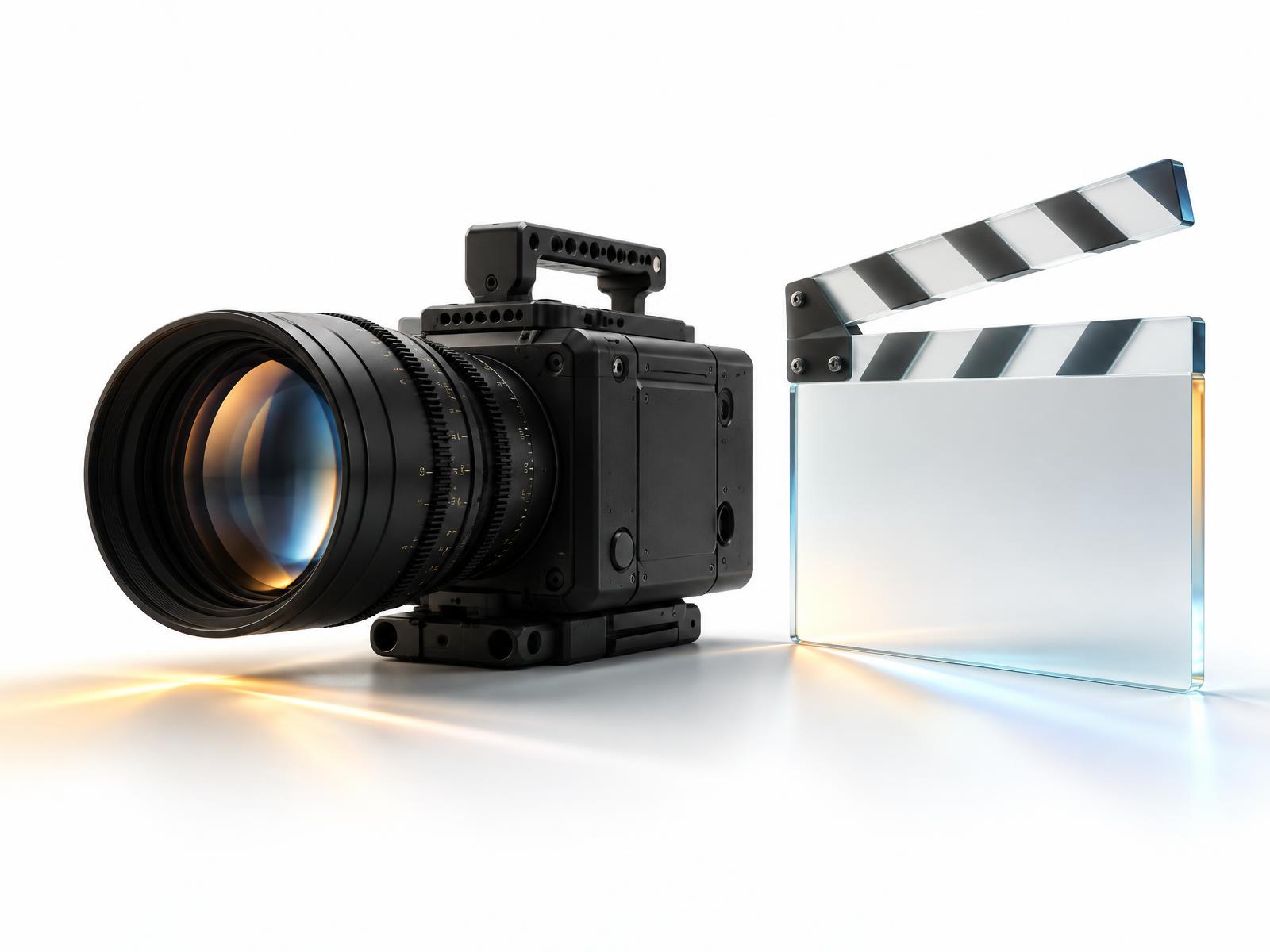 CoPoint: beyaz stüdyo zemininde sinema kamerası ve cam klaket