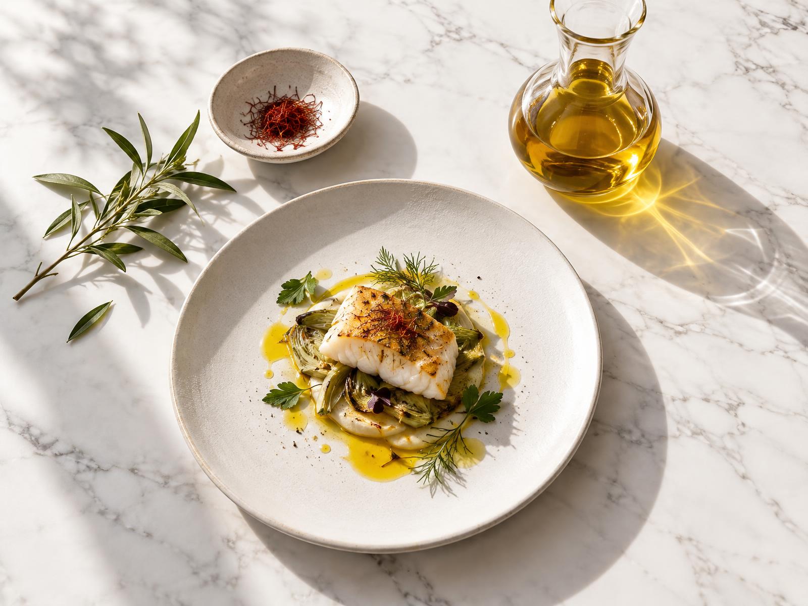 Sarı Gastro: mermer zeminde şef tabağı, safran ve zeytinyağı sürahisi
